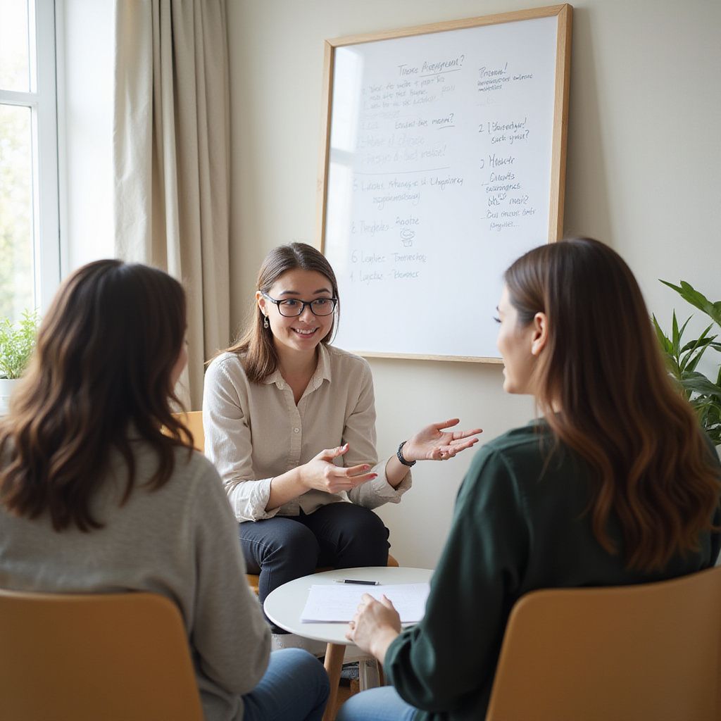 Three people in a counseling session. A woman therapist gestures, speaking to two seated women. Whiteboard in background.