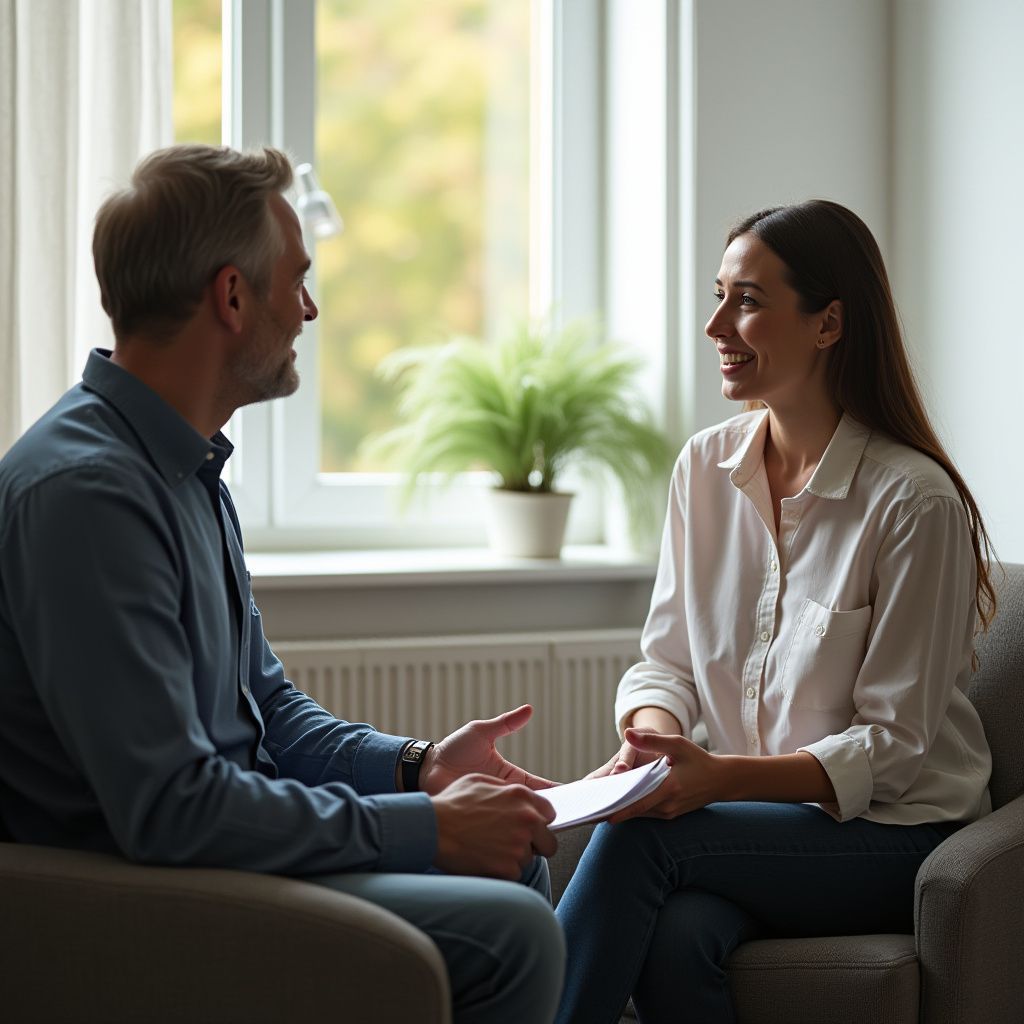 Man and woman seated, talking in a room. Smiling woman holds papers, man gestures. Bright, neutral setting.