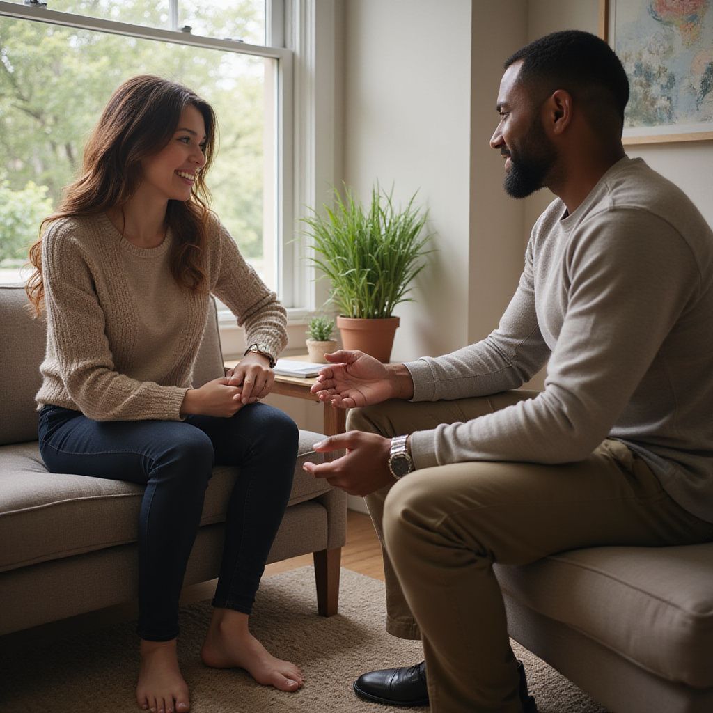 Woman and man seated, conversing on a sofa. Natural light, indoor setting. Both are gesturing and smiling.