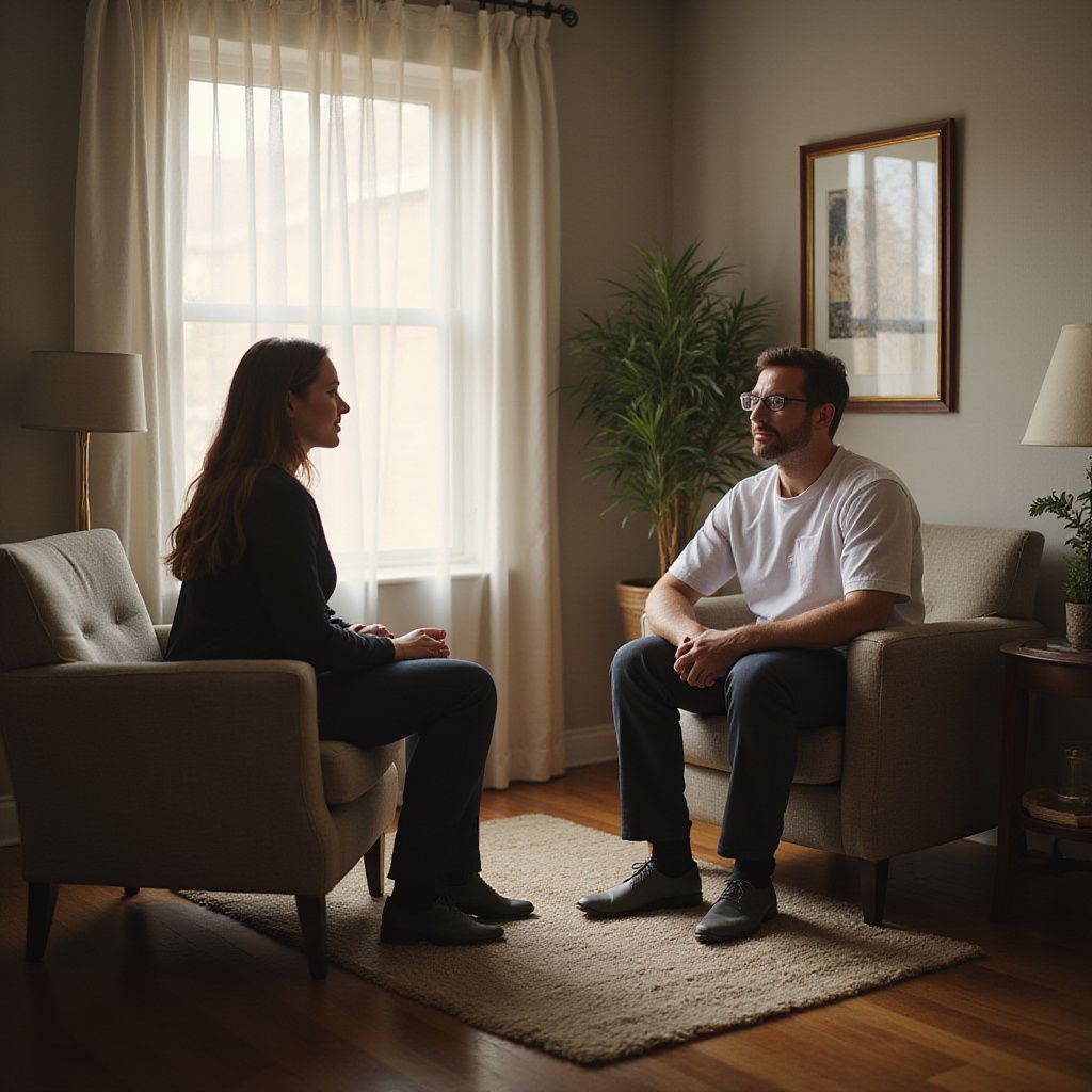 Two people in armchairs, facing each other. One is speaking. Interior setting with window, plant, and rug.