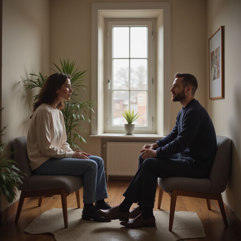 Woman and man seated in chairs, conversing in a well-lit room; a therapy session.