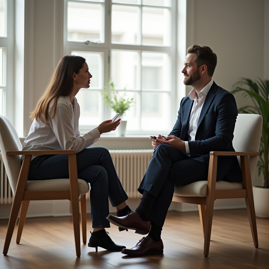 Woman talking to man, possibly therapy session, in sunlit room.