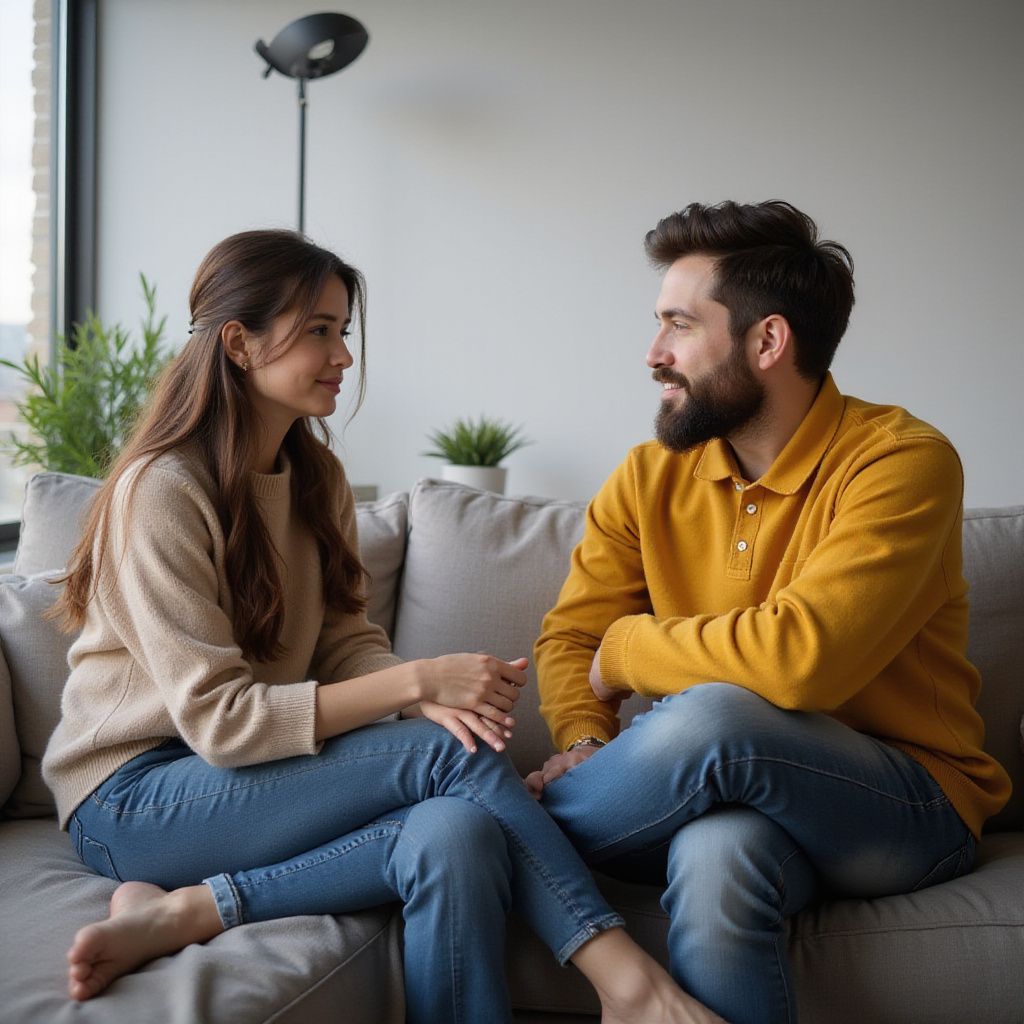 Woman and man sitting on a couch, talking. She is wearing a sweater and jeans; he wears a yellow shirt and jeans.