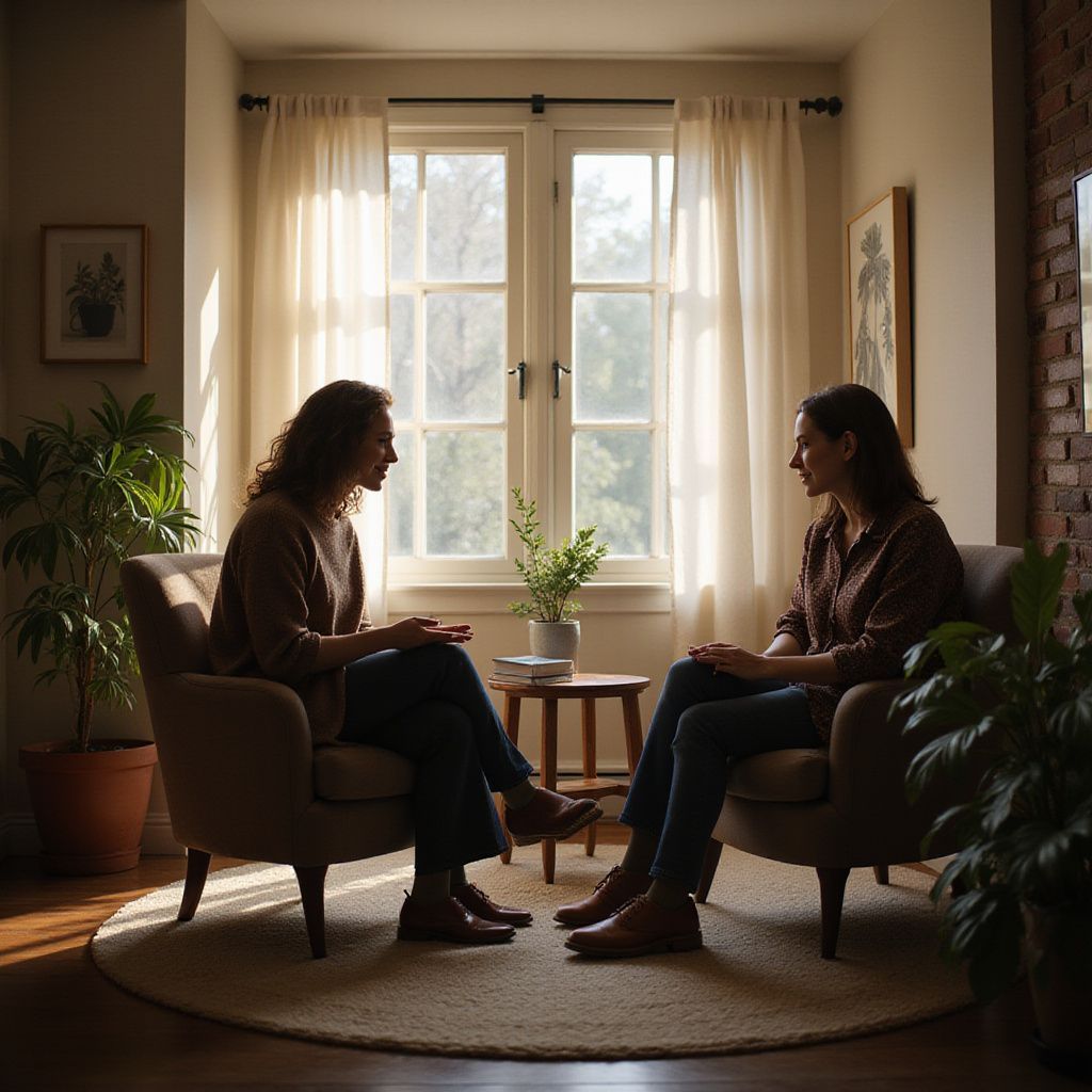 Two people talking in armchairs in a sunlit room. Plants, a small table, and a window are also visible.
