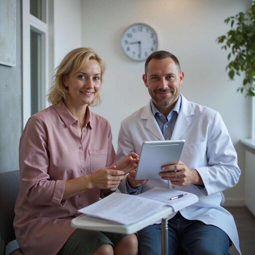 Woman and doctor reviewing paperwork; doctor holds tablet. They smile in a well-lit office.