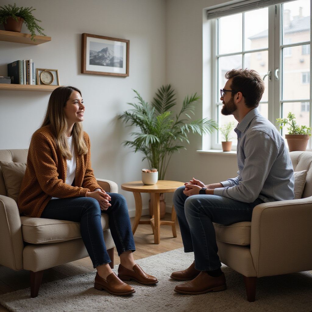 Woman and man seated in armchairs, facing each other in a consultation room, likely a therapy session.
