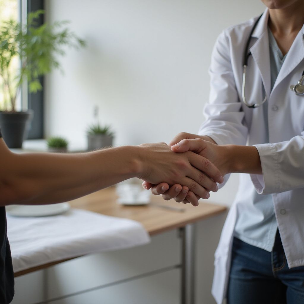 Doctor in white coat shakes hands with a patient indoors.