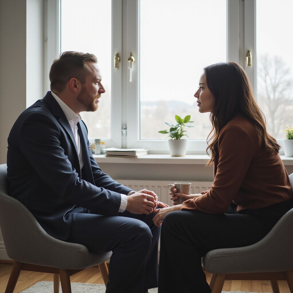 A man and a woman sit facing each other, likely in a counseling session. They are holding hands.