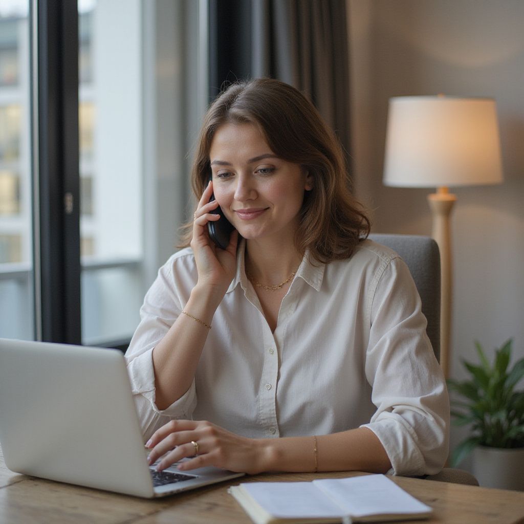 Woman in white shirt, working on laptop, talking on phone in home office.