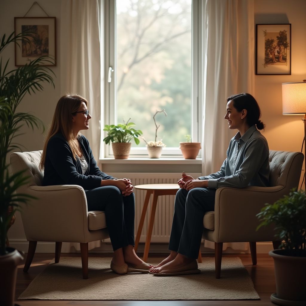 Two people sit in armchairs, facing each other in a room with a window, plants, and a small table.