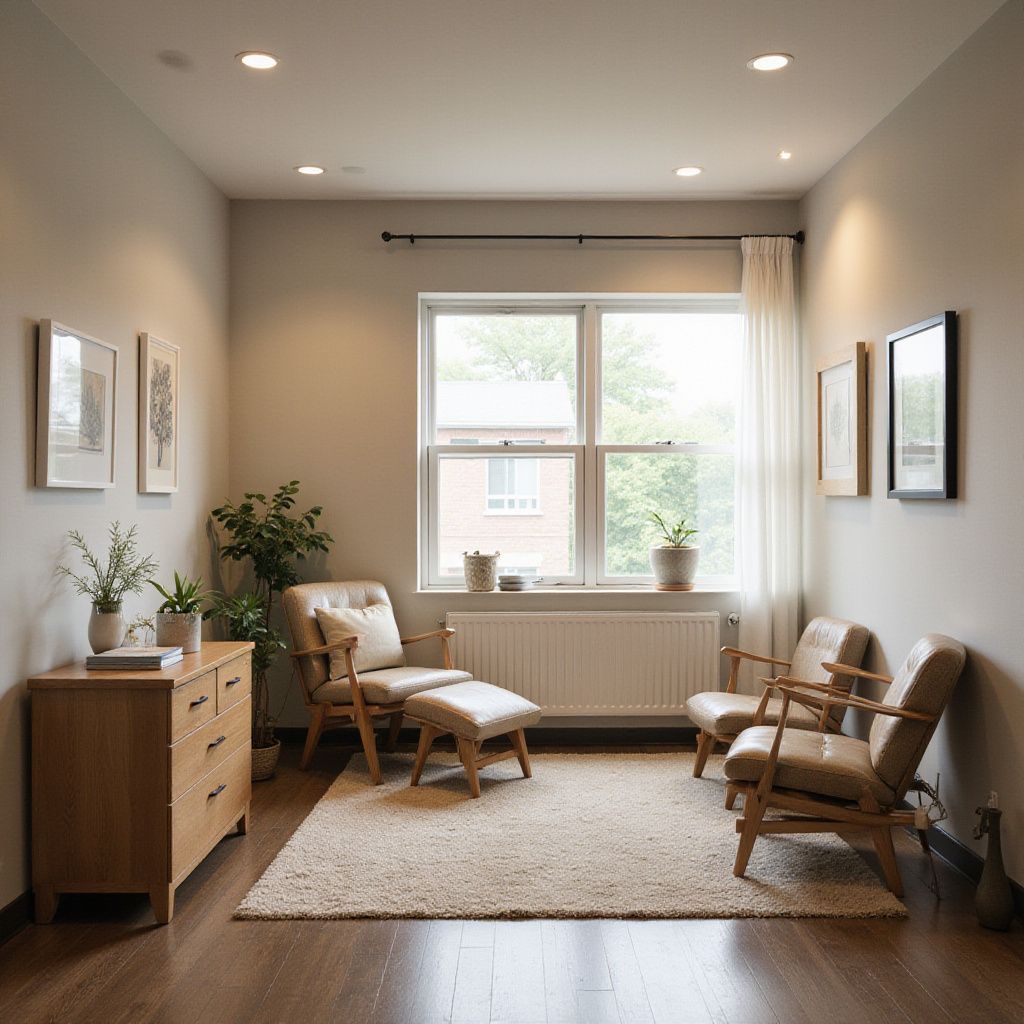 Cozy room with chairs, a rug, and a chest of drawers. A window allows light to enter the space.