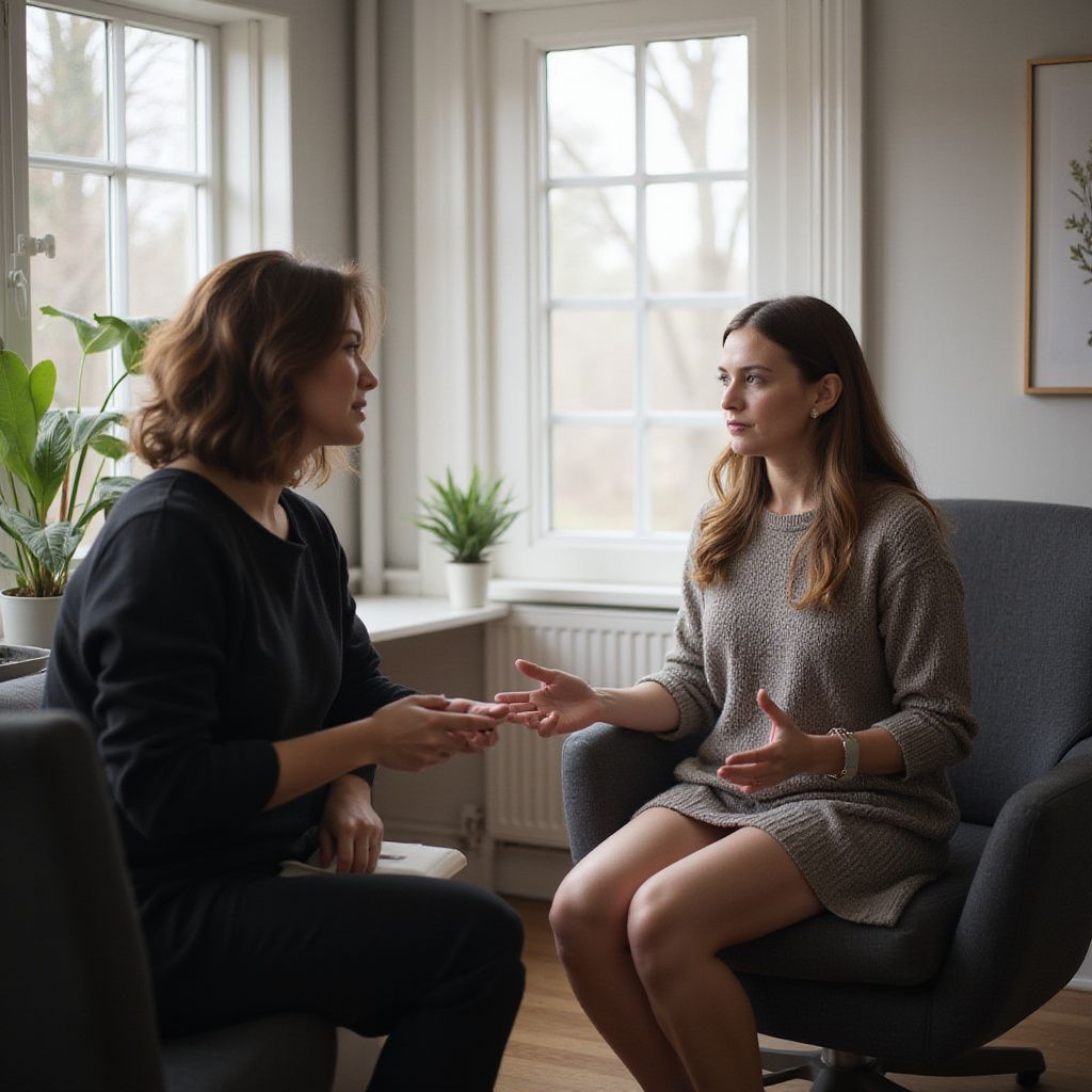 Two women seated, conversing in a well-lit room with plants. One gestures, the other listens.