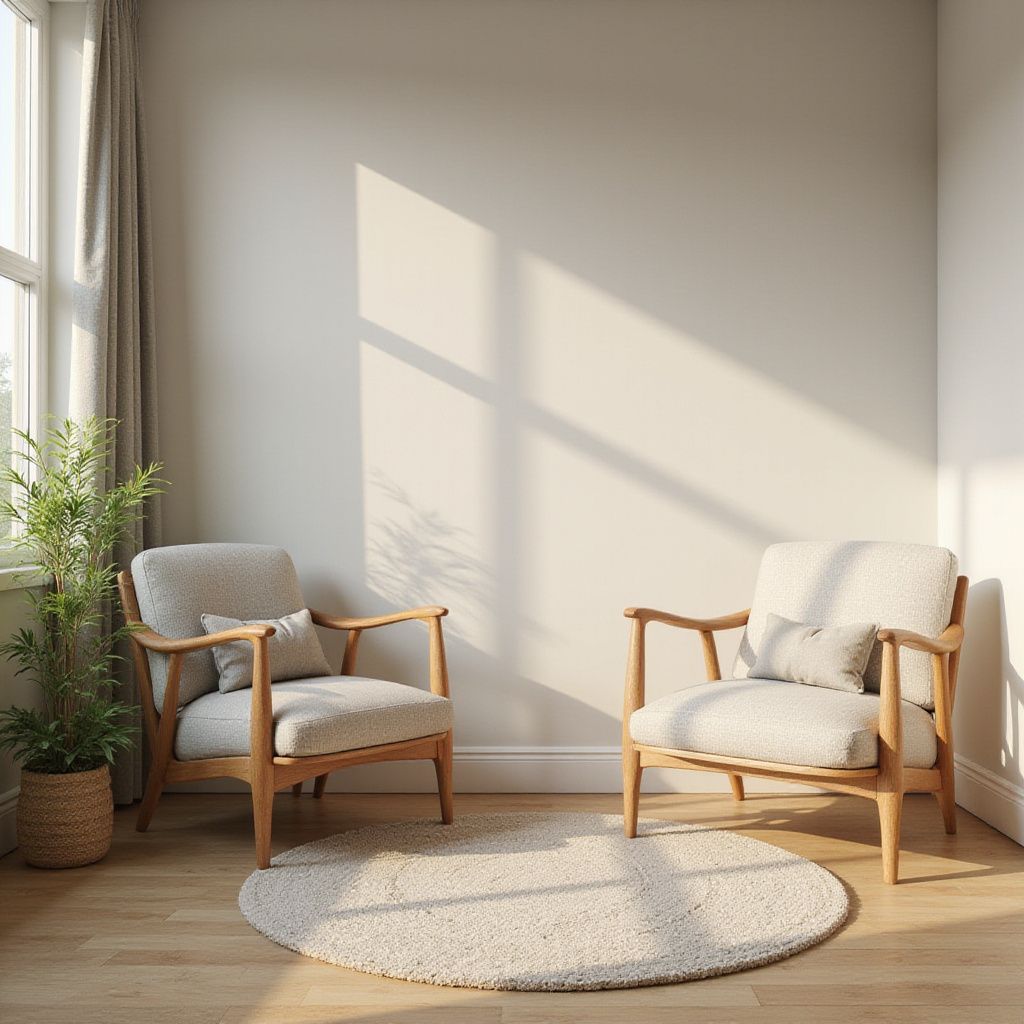 Two beige armchairs, round rug, and potted plant in a room with a window and sunlight.
