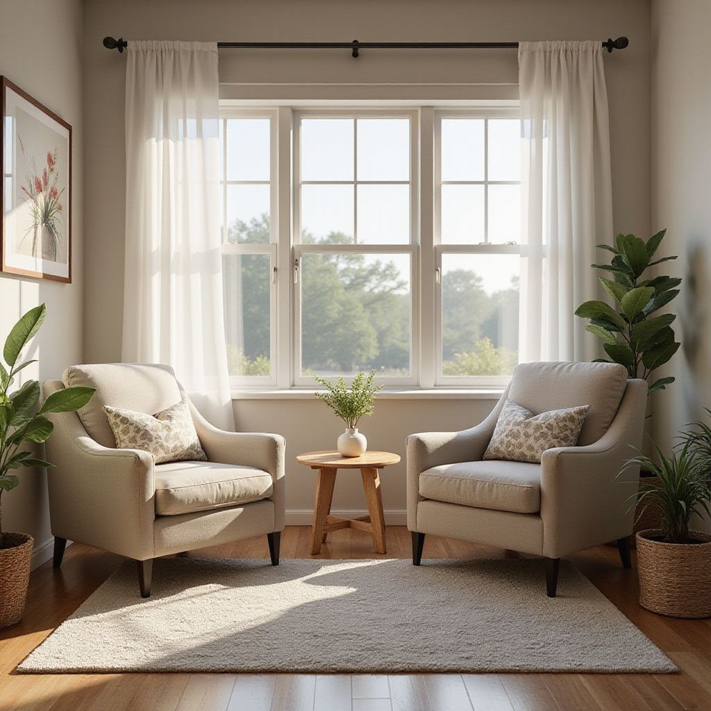 Two beige armchairs facing a window, small table in between. Light-filled room with plants and rug.