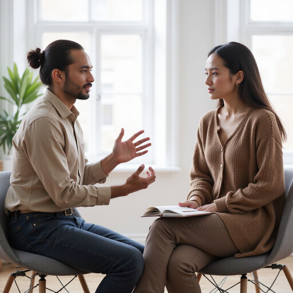A man and woman seated, talking in a room with a window, possibly a therapy session.