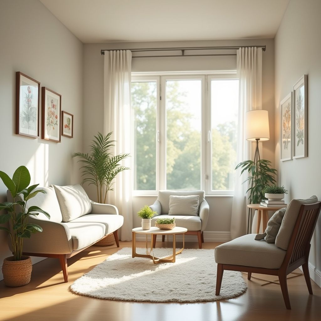 A cozy living room with neutral colors, furniture, plants, and natural light from a large window.