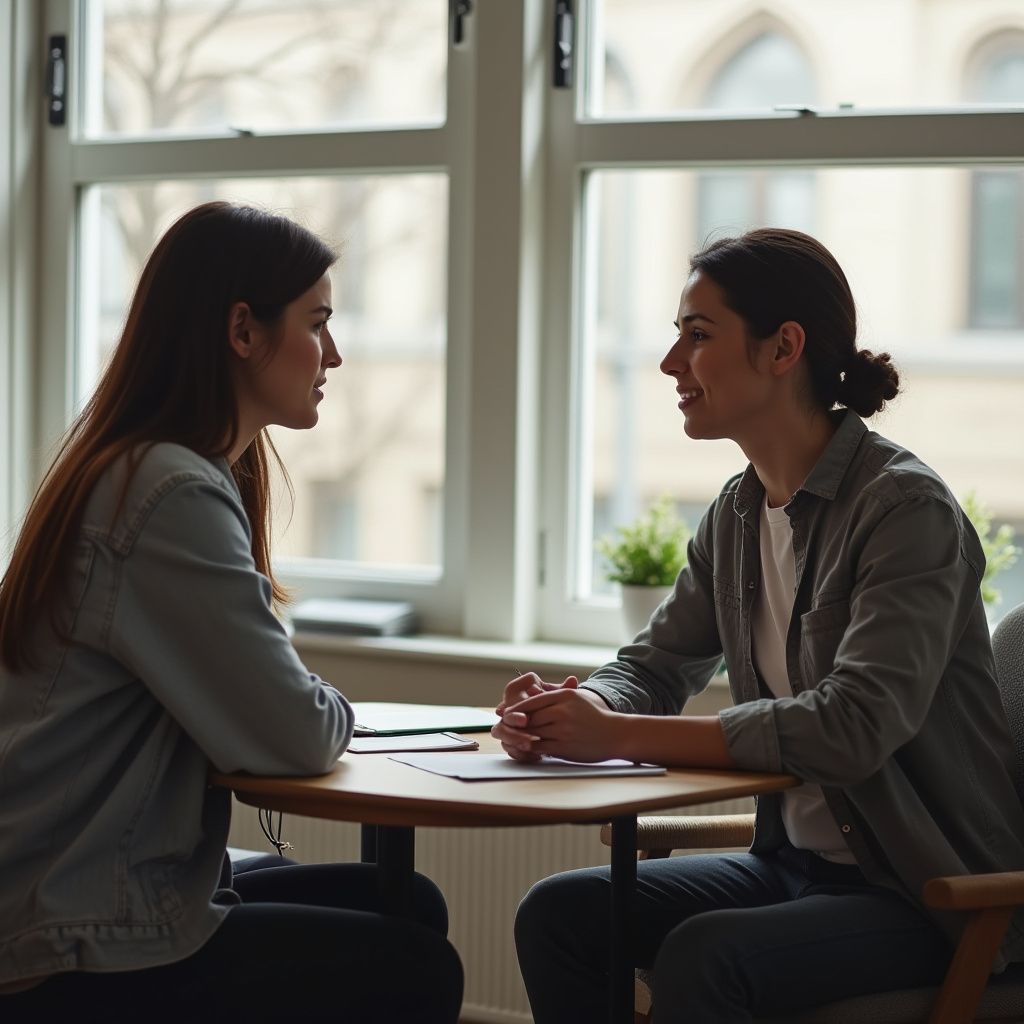 Two women seated at a table, conversing in front of a window. One smiles.