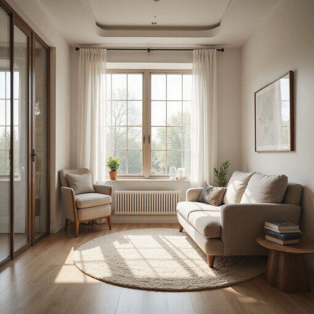 Cozy living room with a beige sofa, armchair, and round rug in front of a window.