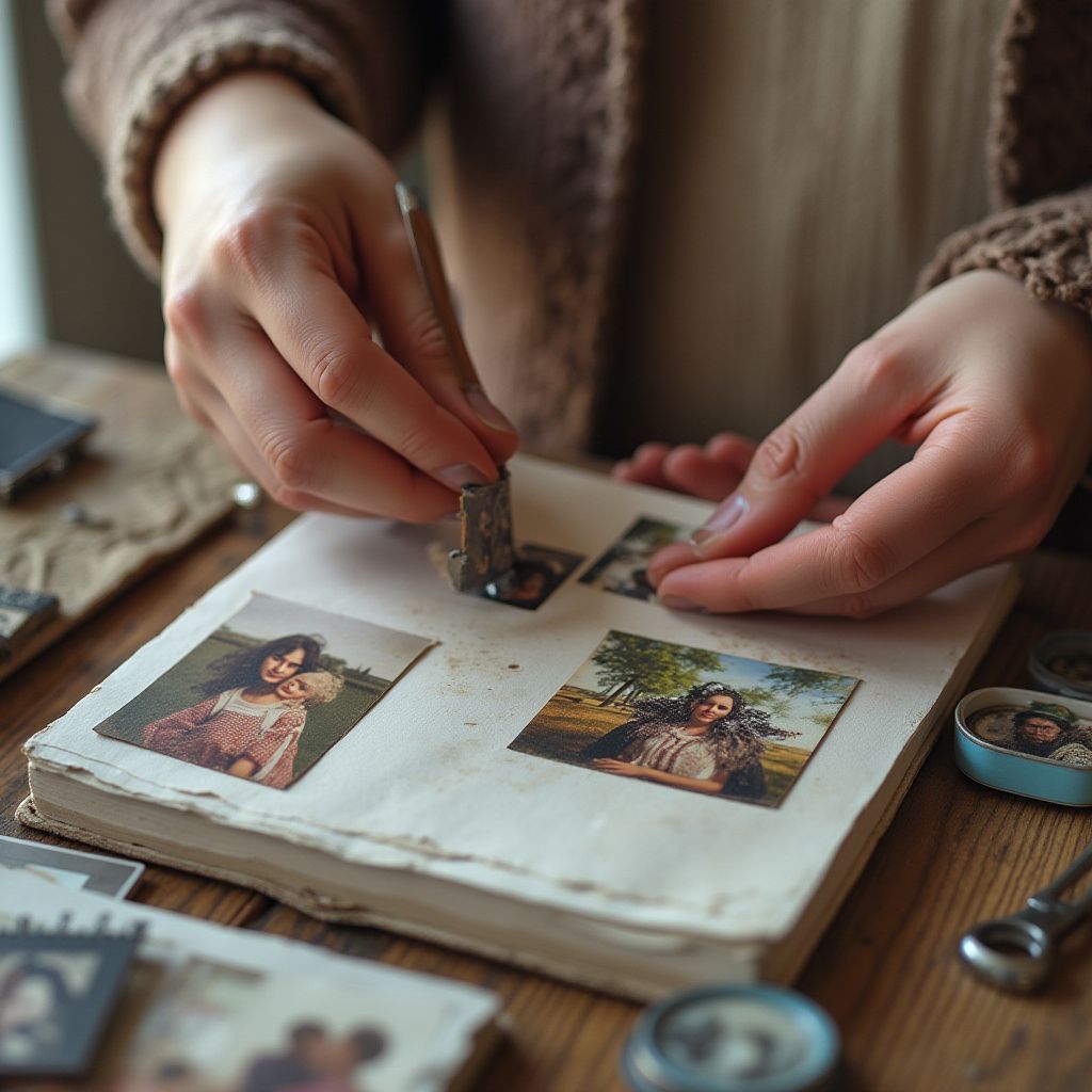 Hands arranging small photos in a vintage album on a wooden table.
