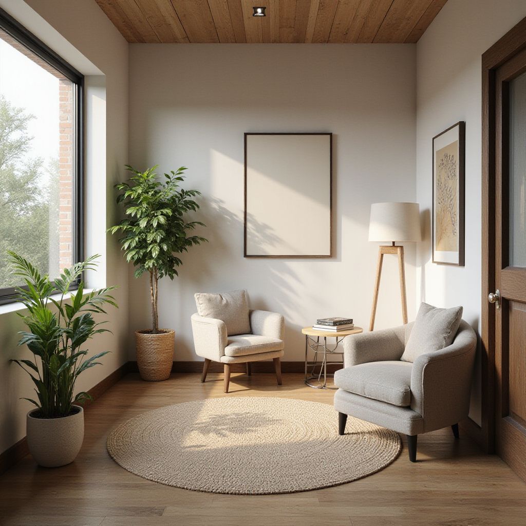 Cozy seating area with two armchairs, a rug, plants, and art. Natural light floods the space.