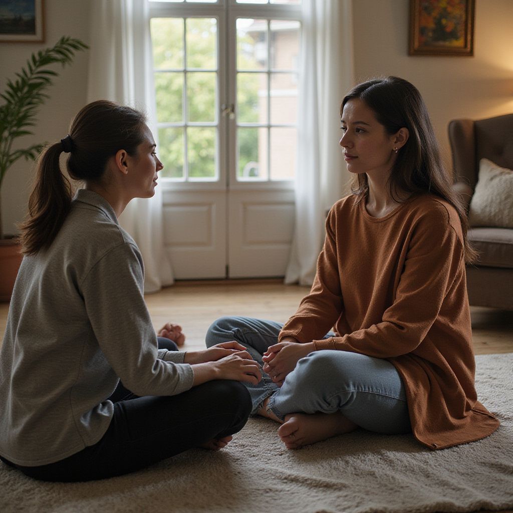 Two people sit on a rug, holding hands, facing each other in a room with a window, possibly counseling.