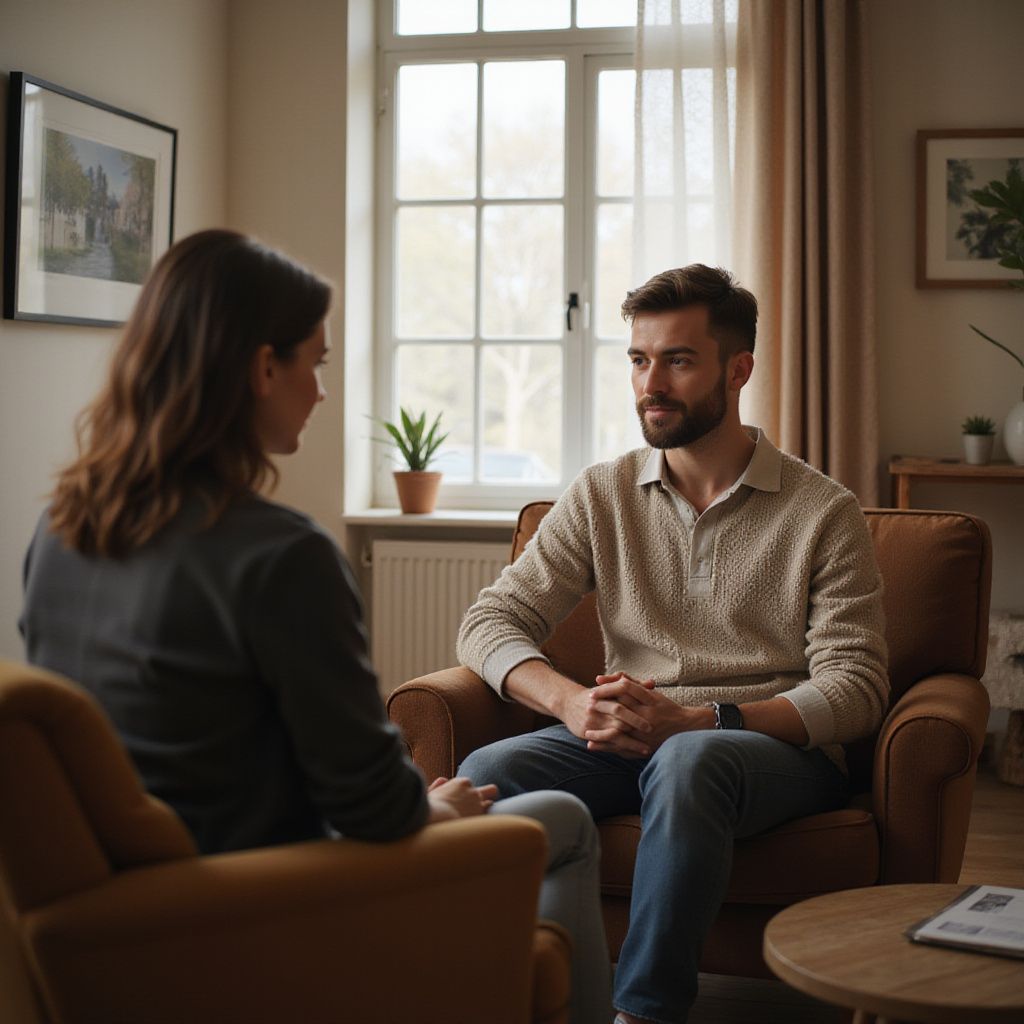 Man and woman in armchairs, facing each other. Light-filled room, window in the background, possibly a therapy session.