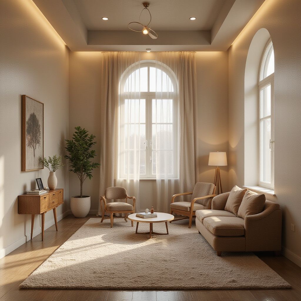 Cozy living room with beige walls, arch windows, and light-toned furniture. A rug and a tall plant add warmth.