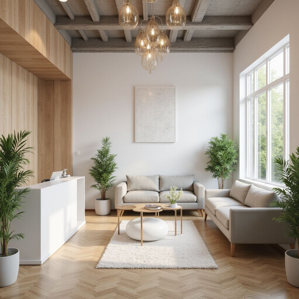 Reception area with white reception desk, two gray sofas, plants, and large window.