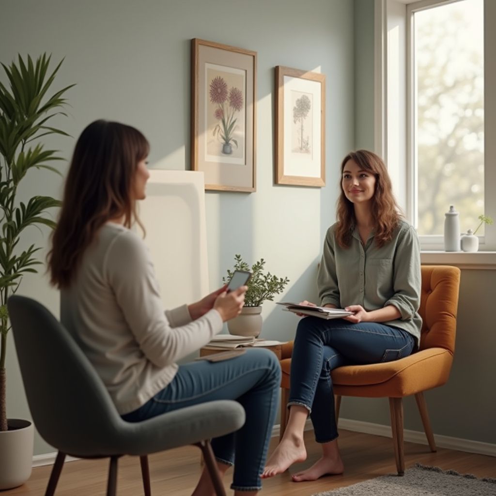 Two women in therapy session, one holding phone, other holding notes, in light-filled room.