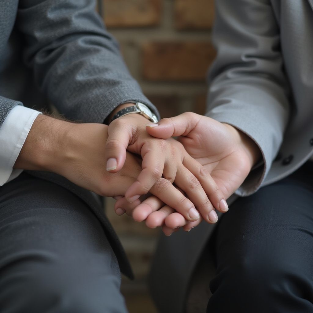 Two people in suits hold hands, one hand on top of the other, near a brick wall.