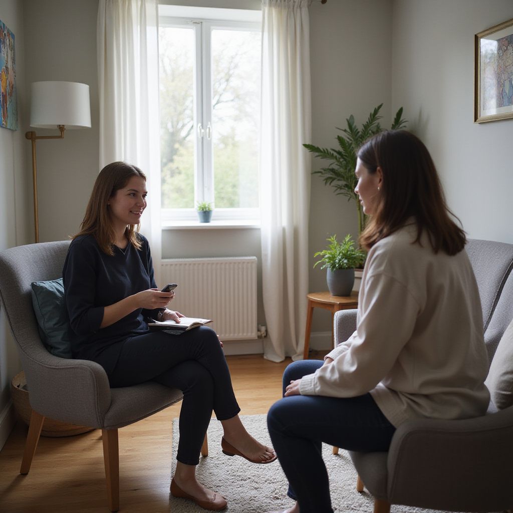 Two women in armchairs in a well-lit room, one holding a phone and notepad, the other facing her.