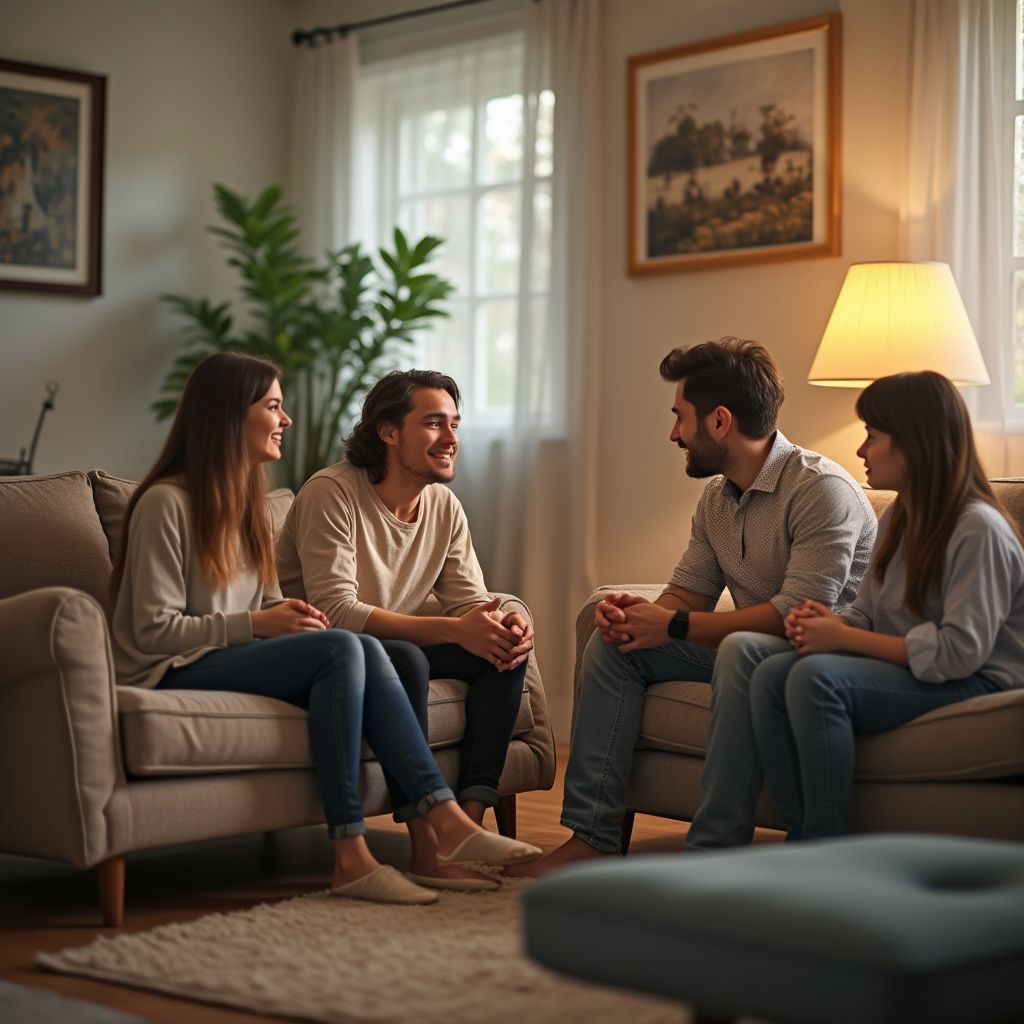 Four people seated in a living room, talking. Two on a sofa, two on armchairs. Lit by lamp and natural light.