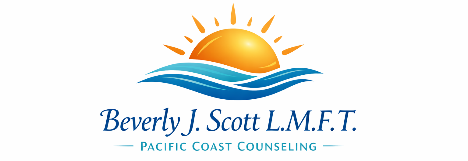 Logo with a sun rising over ocean waves and the text