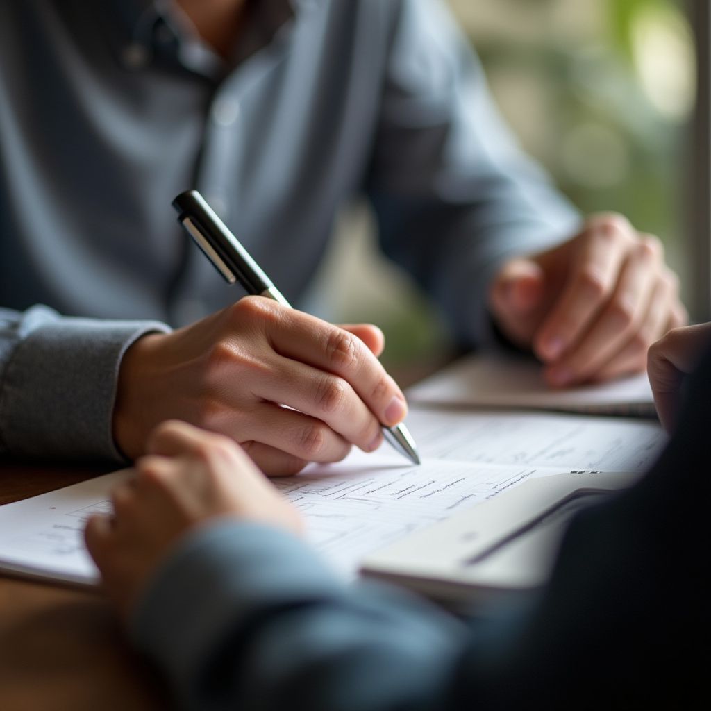 Person signing a document with a pen at a table. Another person is visible nearby.