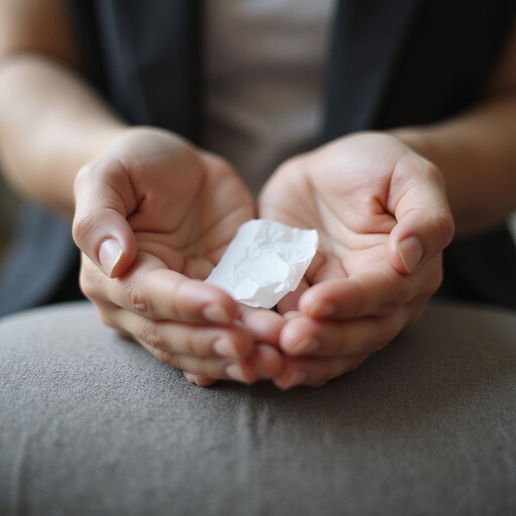 Hands cupped, holding a white, irregularly shaped object, possibly a stone or paper.