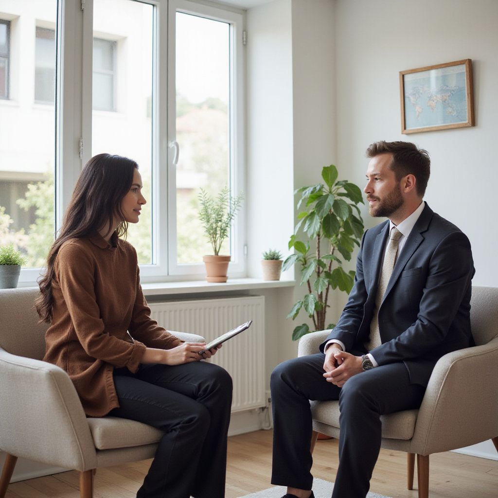 Woman and man in armchairs, having a conversation. The woman holds a tablet. The man wears a suit. Sunlight.
