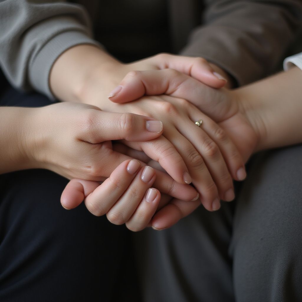 Two pairs of hands clasped together, providing comfort and support.