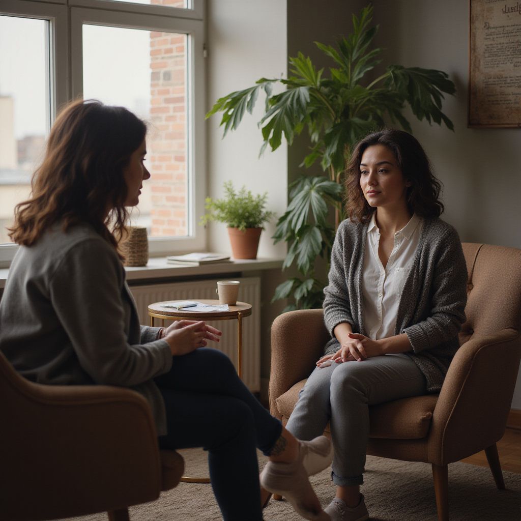 Two women in armchairs, in a room. One is speaking. Plants and a window are in the background.