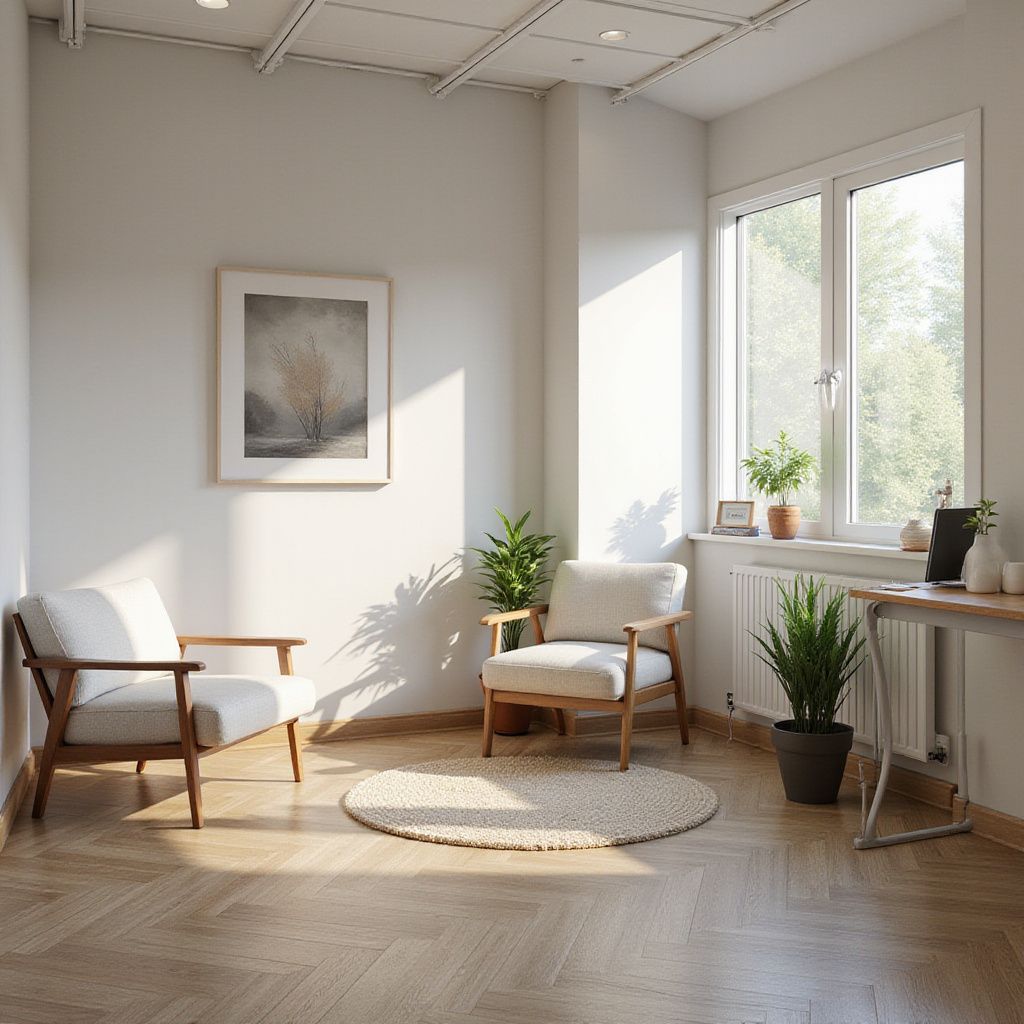 Two armchairs face a window in a sunlit room with a round rug and potted plants.