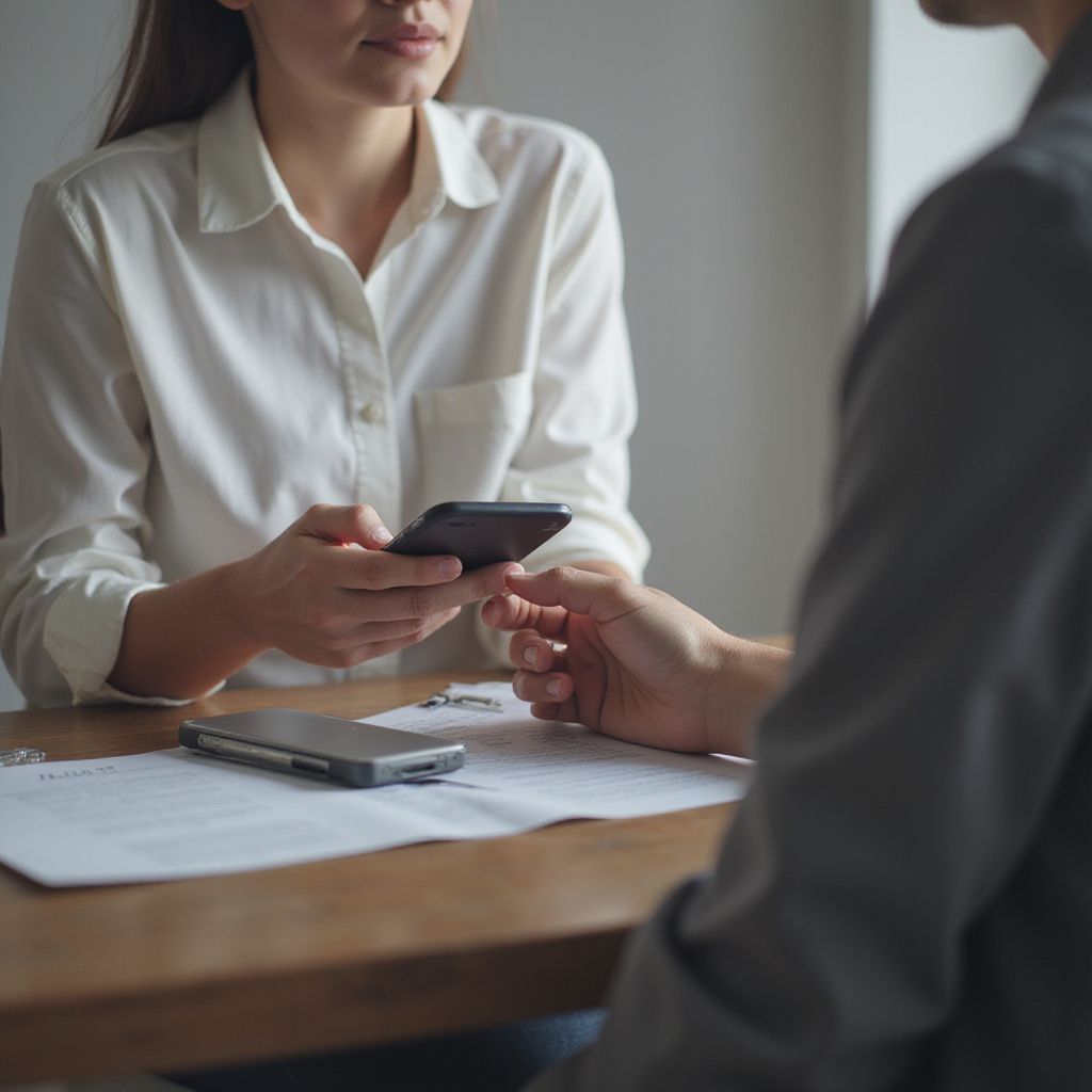 Woman holding phone, showing it to person across table. Other phone and papers on the table.