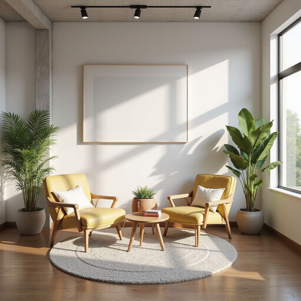 Cozy living room with yellow chairs, plants, round rug, and large framed artwork. Sunlight streams in from a window.