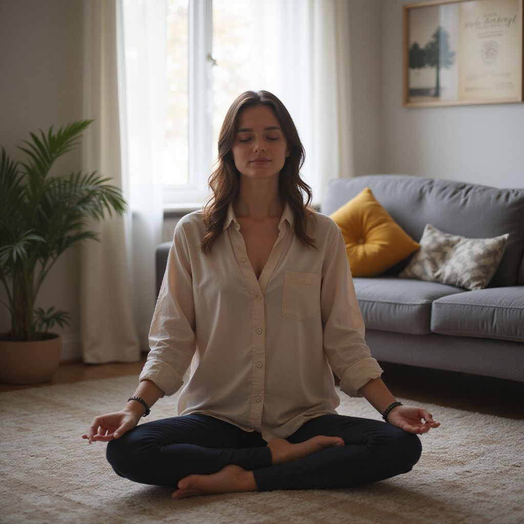 Woman in a light-colored button-down shirt meditating on a rug in a living room, eyes closed, legs crossed.