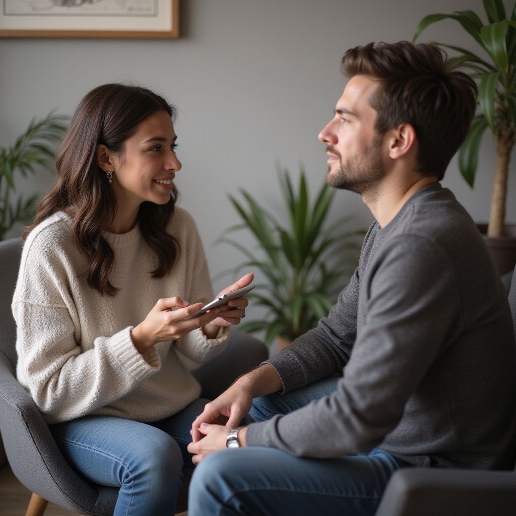 Woman smiling, holding phone, talking to man. Sitting in chairs indoors near plants.