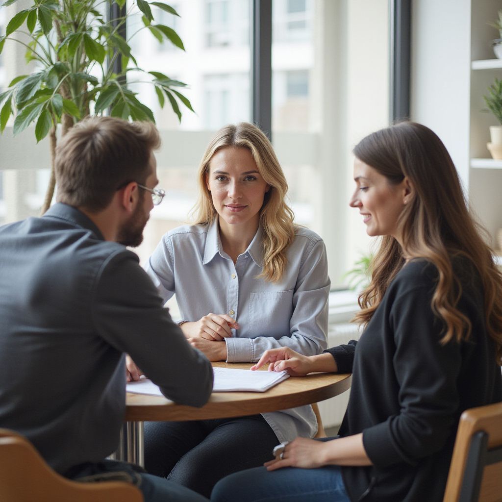 Three people at a round table, discussing papers. A woman in a light blue shirt faces the camera.