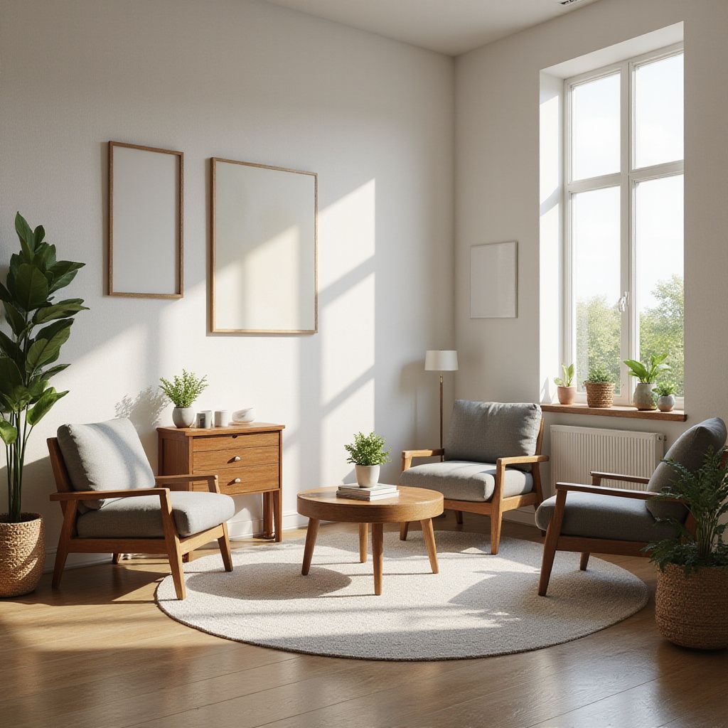 Bright living room with gray chairs, a wooden coffee table, and plants near a window.