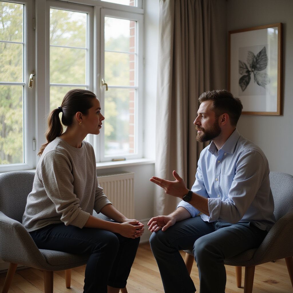 Woman and man in conversation, seated in armchairs. Sunlight streams through a window.