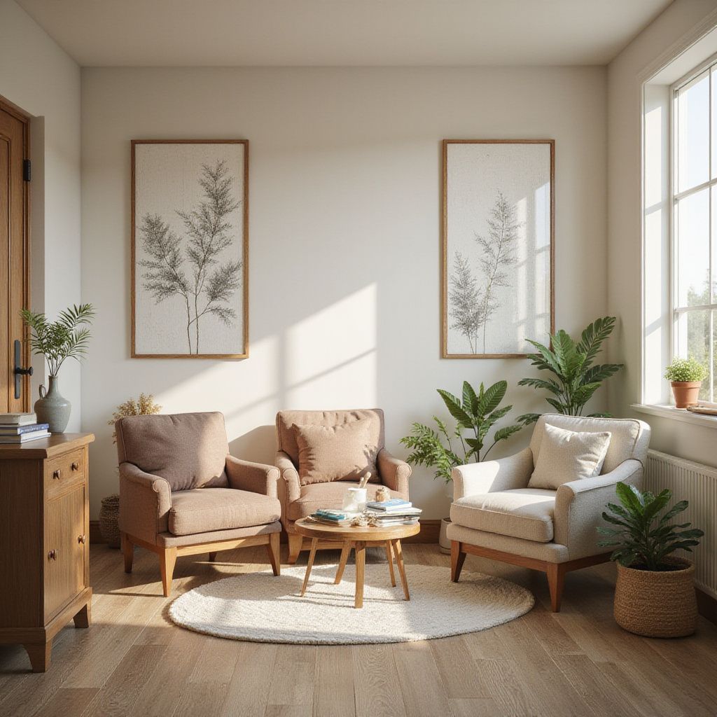 Cozy living room with three armchairs, a round rug, plants, framed art, and a small table.