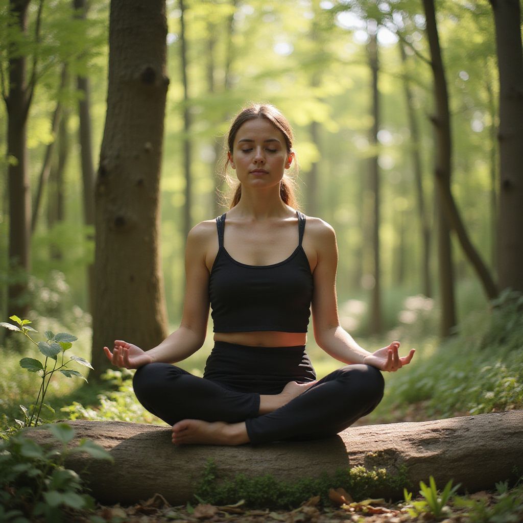 Woman meditating with eyes closed in a forest, wearing black workout clothes.