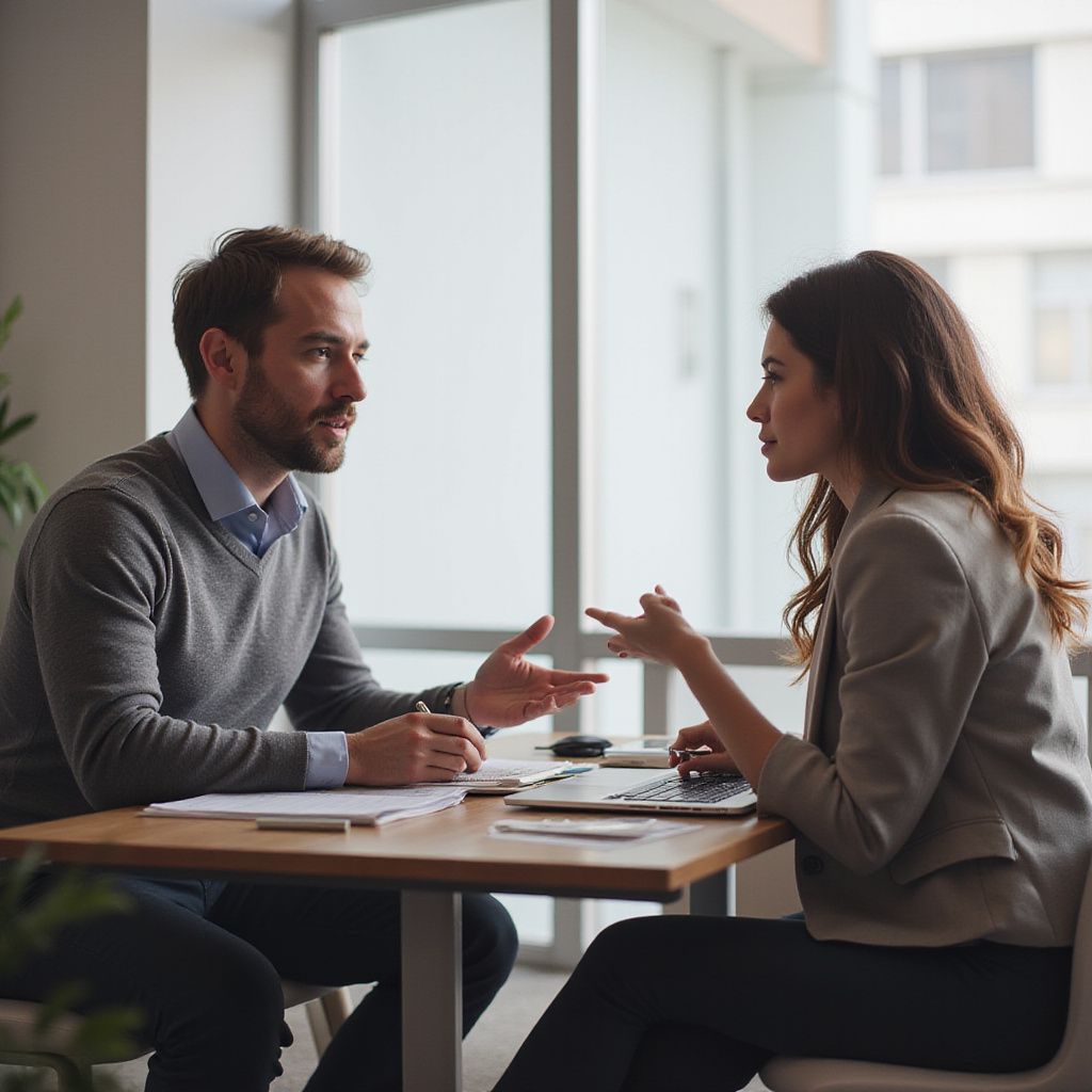Man and woman at table, discussing, with documents and laptop present.