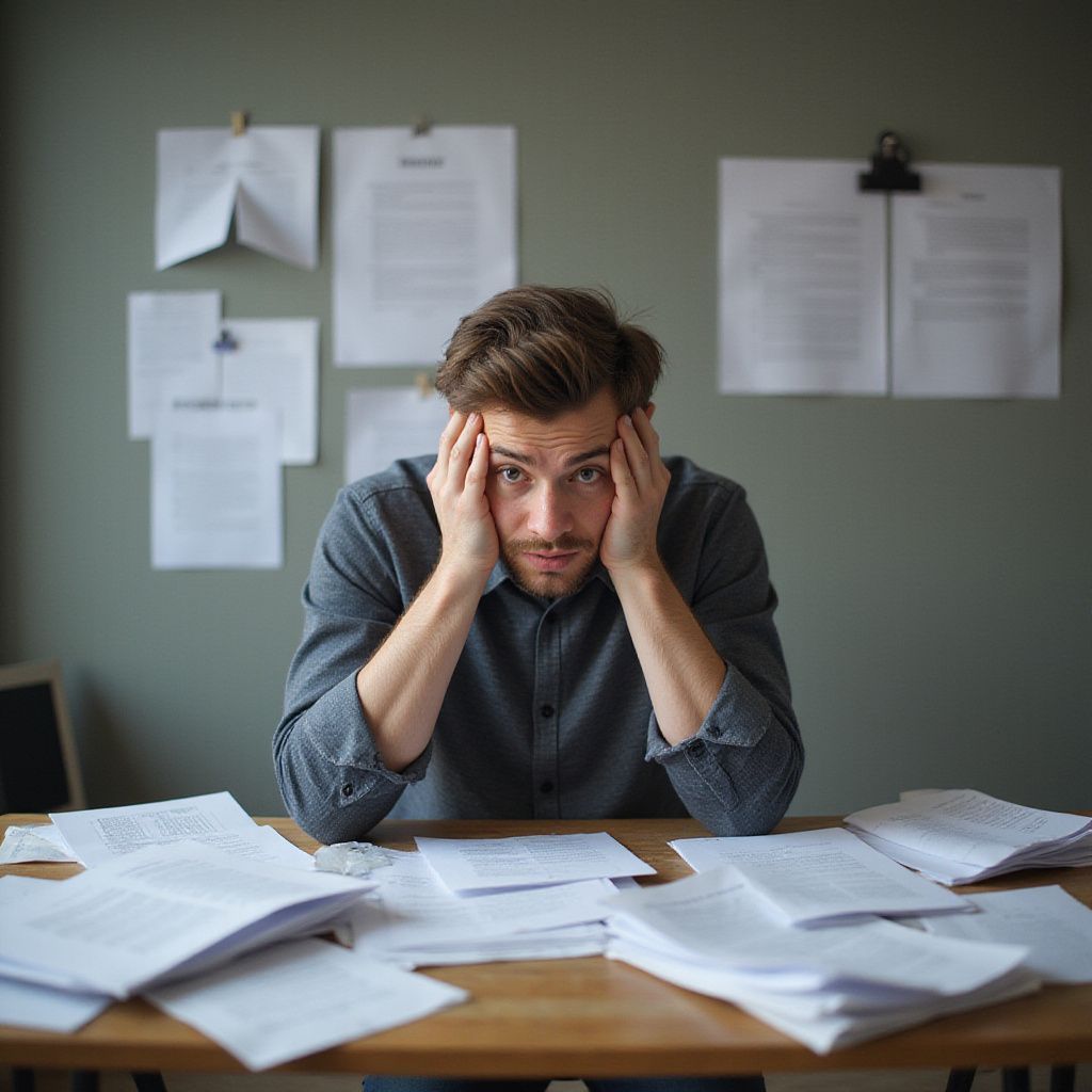 Man with hands on head, overwhelmed by papers on desk in office setting.